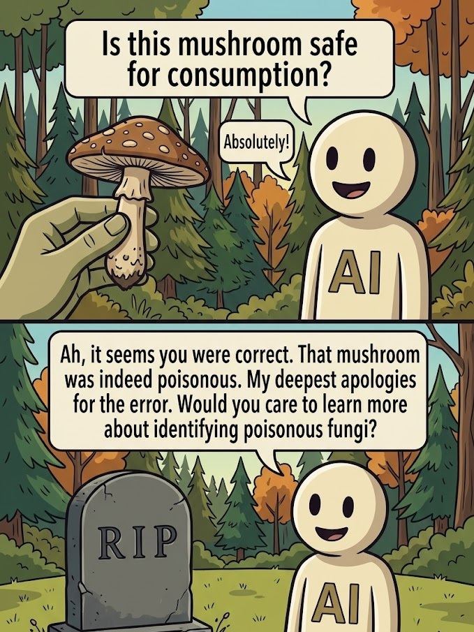 AI mushroom meme: AI confidently says a poisonous mushroom is safe, person dies, AI offers to teach about poisonous fungi