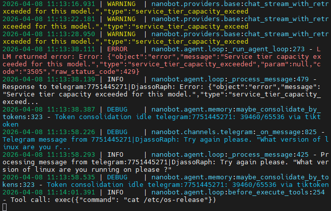 Raspberry Pi terminal log via SSH, the bot crashing mid-answer.