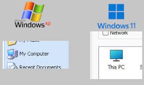 Side-by-side comparison: Windows XP Start menu showing 'My Computer' next to Windows 11 File Explorer showing 'This PC'